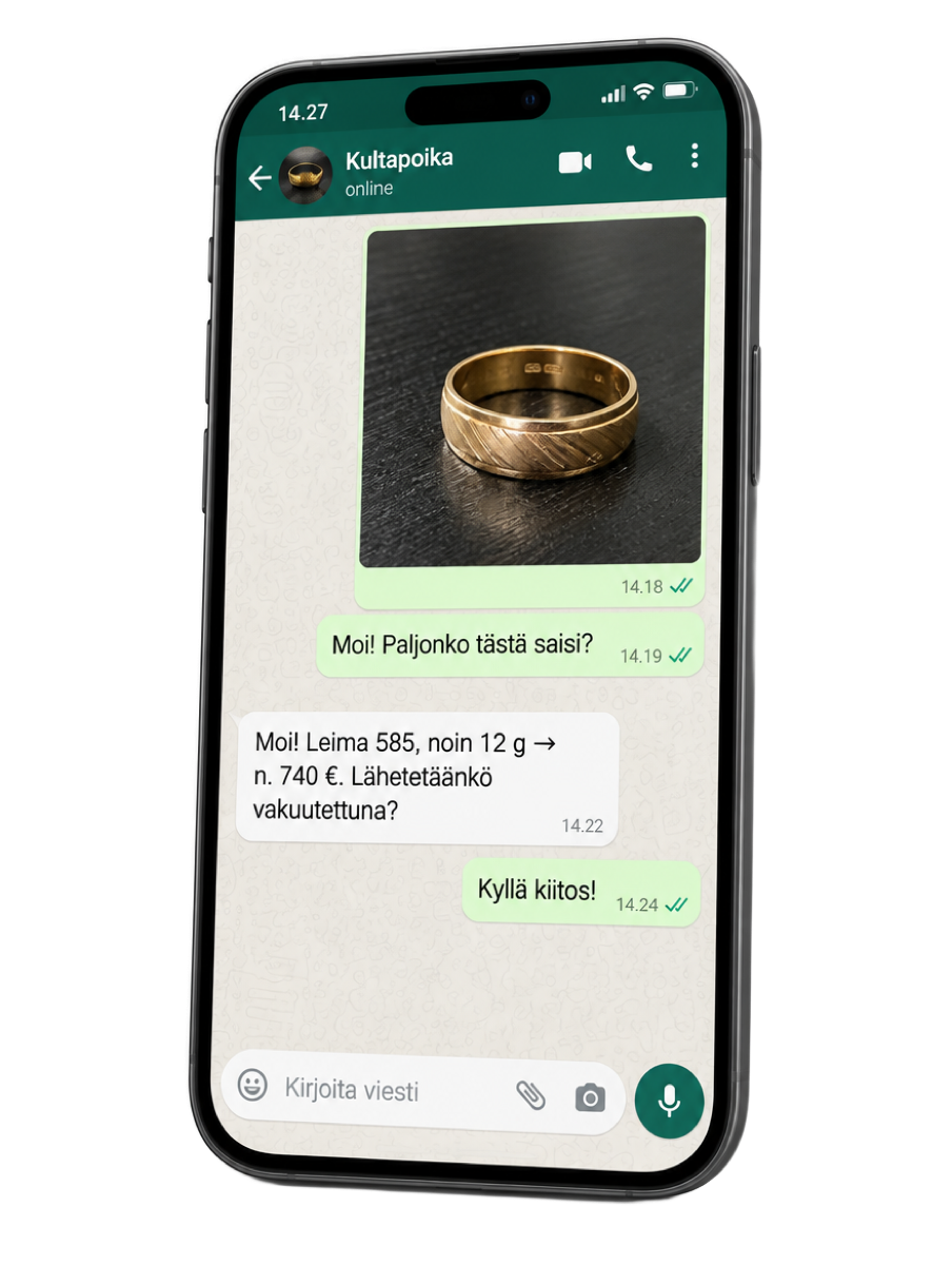 WhatsApp-keskustelu Kultapojan kanssa puhelimen näytöllä